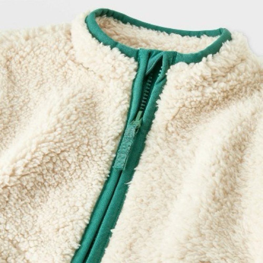 NWT Cat & Jack Kids Cream Sherpa Jacket with Green Trim Size 18months - Picture 3 of 4